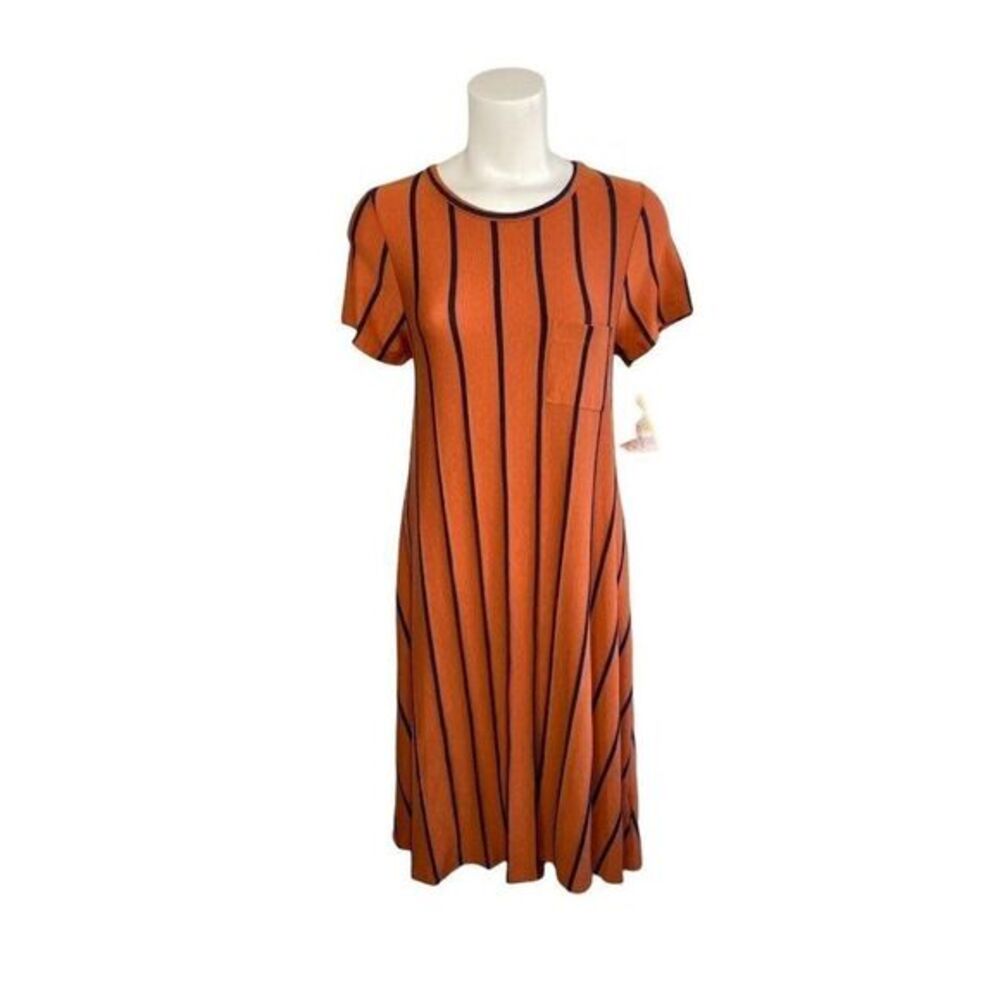 LuLaRoe Carly Hi Low Dress Orange Blue Stripe‎ Soft XS NEW